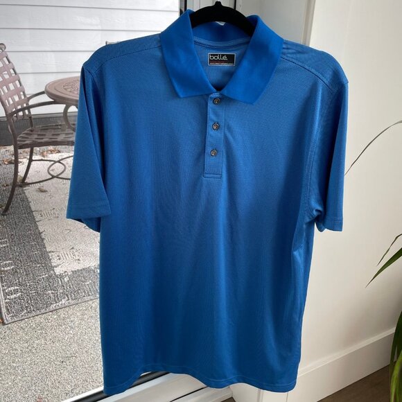 bolle Short Sleeve Athletic 3 Button Polyester Sporty Polo Shirt Blue Sz M NWOT - Picture 2 of 12